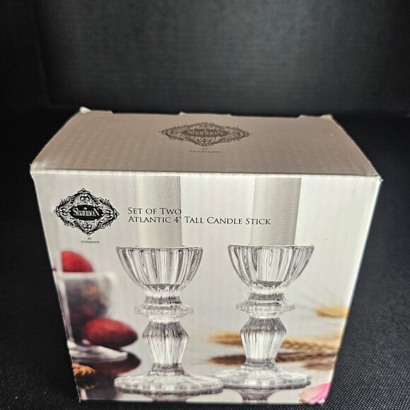 Boxed Pair Of Shannon by Godinger Atlantic 4" Tall Clear Candlesticks Tableware - Picture 2 of 11